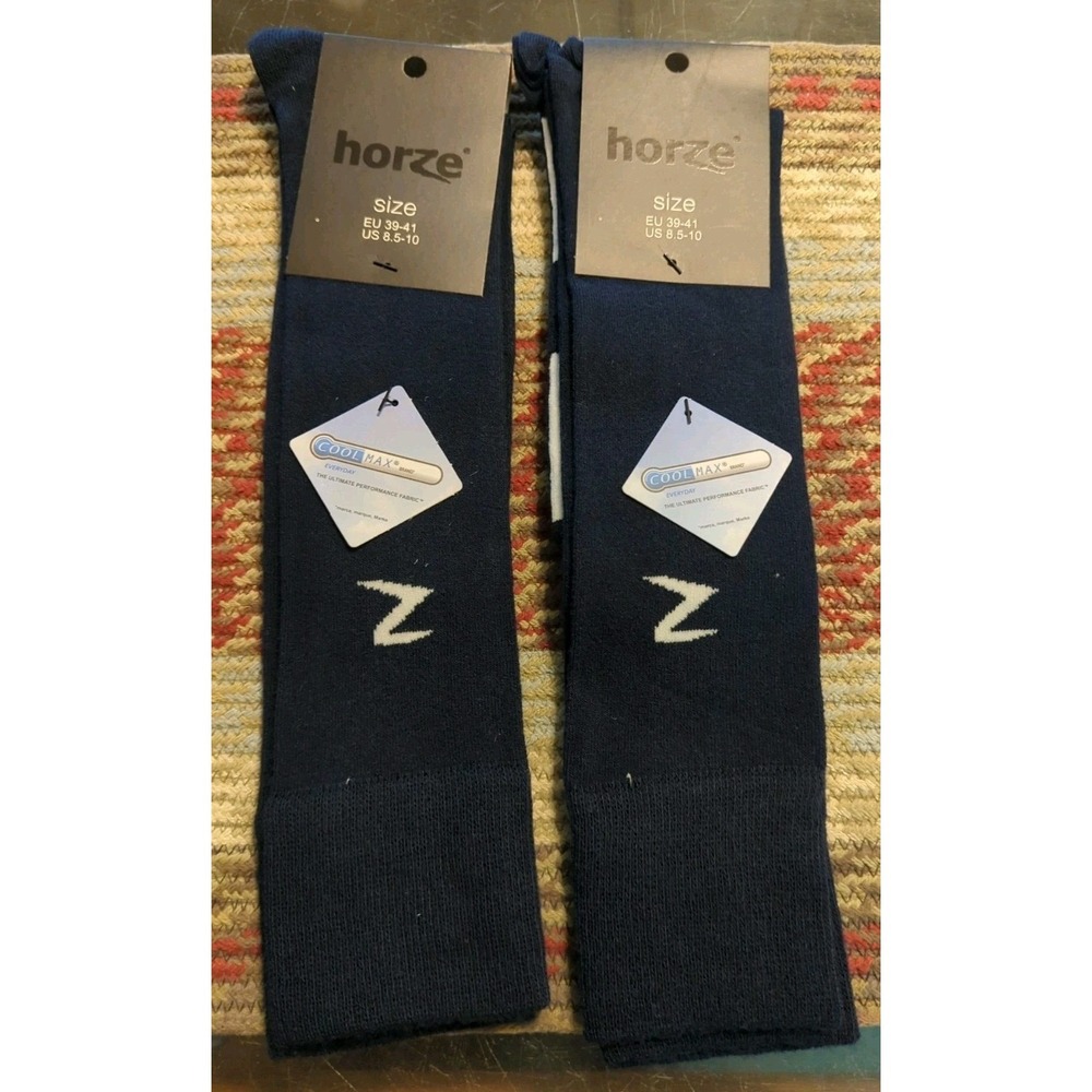 New 2 pair Horze Brand Navy Blue w/white COOLMAX TALL SOCKS Horse‎ riding